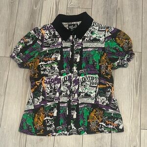 Hell Bunny Button Down Blouse Graphic Movie Print Shirt with Black Collar  XS